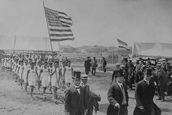 American & Filipino Athletes March Behind Japanese Dignitaries - Art Print