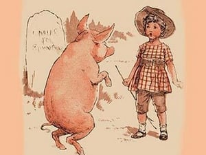Pig on Hind Legs and Little Girl - Art Print