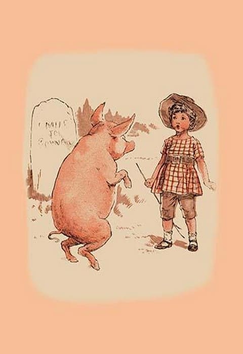 Pig on Hind Legs and Little Girl - Art Print