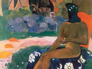 Tahitian Girl nude sits on fabric by Paul Gauguin - Art Print