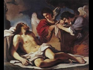 Angels weeping over the dead Christ by Guercino - Art Print