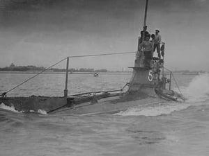Royal Navy British Submarine A5 on Coast with Navy Men on Conning Tower above surface - Art Print