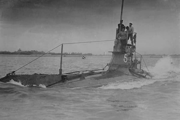 Royal Navy British Submarine A5 on Coast with Navy Men on Conning Tower above surface - Art Print