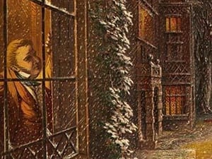Christmas Eve and a Robin rests on the window sill in the falling snow by Kronheim & Dalziels - Art Print