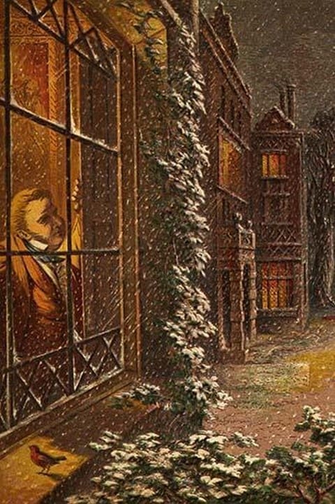 Christmas Eve and a Robin rests on the window sill in the falling snow by Kronheim & Dalziels - Art Print