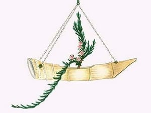 Ibuki & Nichinichi So (Cypress and Lochnera Rosea) in a suspended Boat Shaped Bamboo Vase by Josiah Conder - Art Print
