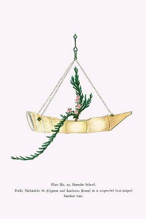 Ibuki & Nichinichi So (Cypress and Lochnera Rosea) in a suspended Boat Shaped Bamboo Vase by Josiah Conder - Art Print