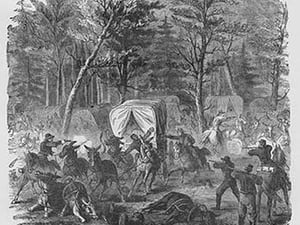 Attack on Union General Lee's wagon train at Mansfield by Frank Leslie - Art Print