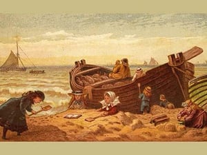 Children make piles of sand at the beach beisde a fisherman's rowboat by Kronheim & Dalziels - Art Print