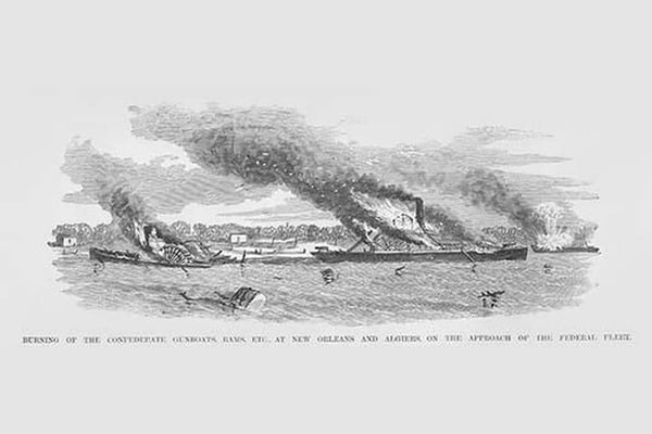 Burning of the Confederate Gunboats & Rams at New Orleans & Algiers by Frank Leslie - Art Print