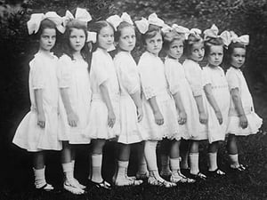 Line up of Beautiful Kindergartners in a row wearing white dresses - Art Print