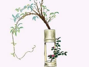 Fuji & Tsubaki (Wisteria and Camellia) in a two story Bamboo Vase by Josiah Conder - Art Print