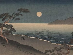 Dusk oven and Ocean Shore with a sole man carrying buckets on the Beach - Art Print