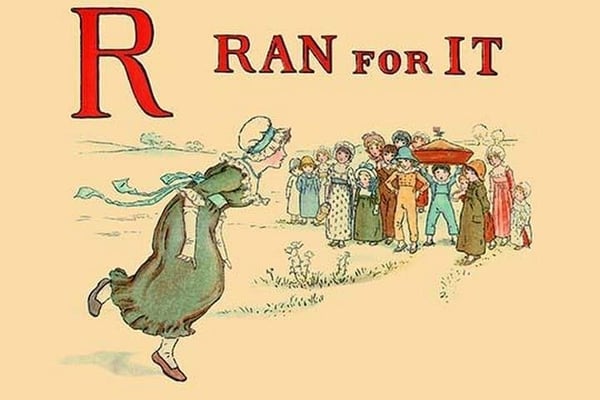 R - Ran for It by Kate Greenaway - Art Print