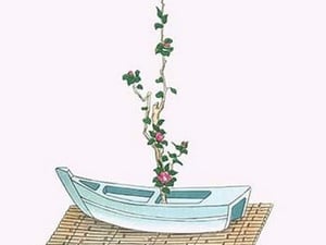 Tsubaki (Camellia Japonica) in a boat shaped Vase by Josiah Conder - Art Print