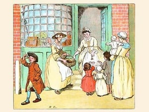 Mrs. Blaize always have gifts to the children in the neighborhood by Randolph Caldecott - Art Print