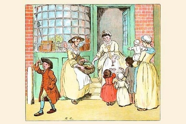 Mrs. Blaize always have gifts to the children in the neighborhood by Randolph Caldecott - Art Print