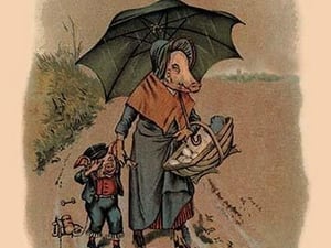 Mother Pig and Sad Little Pig Walking in the Rain by A. Gual - Art Print