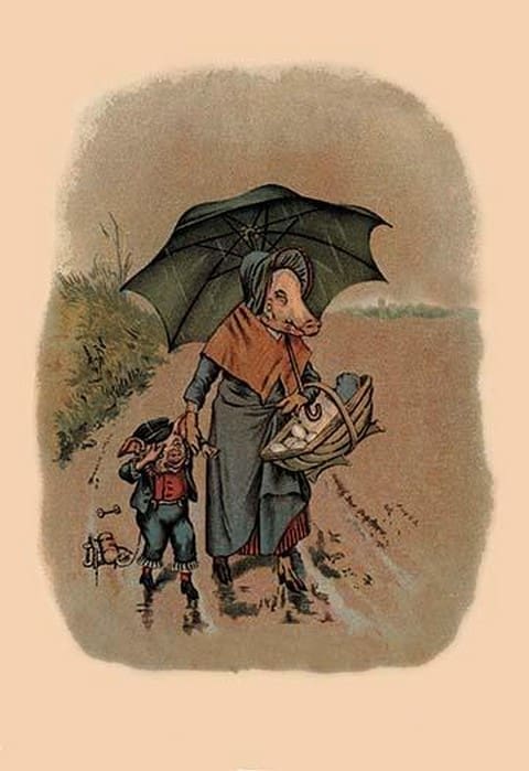 Mother Pig and Sad Little Pig Walking in the Rain by A. Gual - Art Print