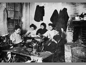 Five Immigrant Women Sit at a Table and Sew - Art Print