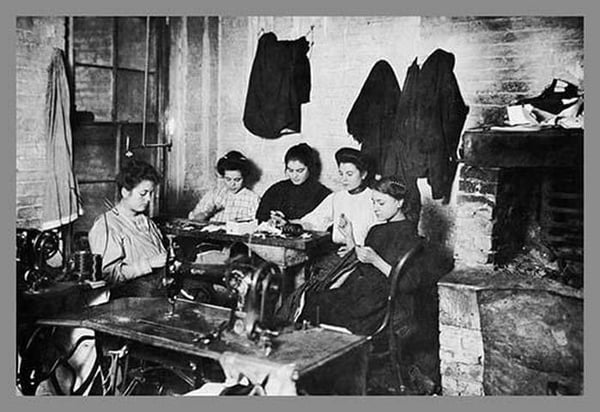 Five Immigrant Women Sit at a Table and Sew - Art Print
