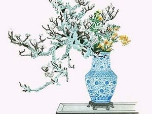 Yamanashi & Takejimayuri (Wild Pear and Lily) in a Blue and white Porcelain Vase by Josiah Conder #2 - Art Print