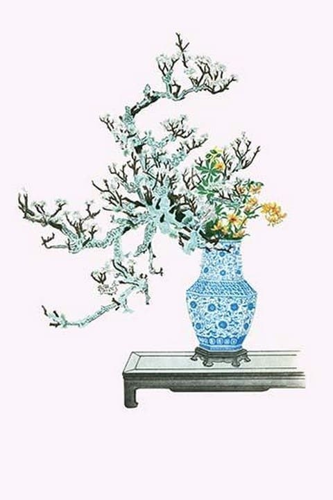 Yamanashi & Takejimayuri (Wild Pear and Lily) in a Blue and white Porcelain Vase by Josiah Conder #2 - Art Print