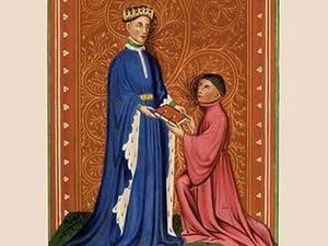 Occleve Presenting his Book to Henry V by H. Shaw - Art Print