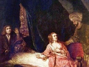 Joseph is accused by Potiphars woman by Rembrandt Van Rijn - Art Print