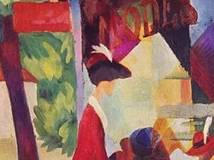 Before Hutladen (woman with a red jacket and child) by August Macke - Art Print