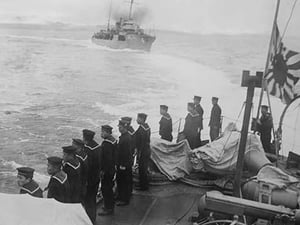 Naval Crew on Japanese Vessel Salutes another and flies the Admiralty Flag - Art Print
