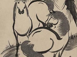 Horses under a willow tree. by Shunsen Katsukawa - Art Print