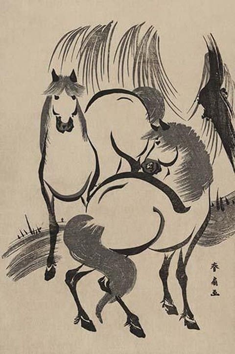 Horses under a willow tree. by Shunsen Katsukawa - Art Print