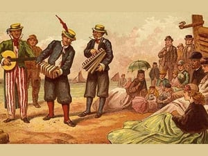 Beach Musicians entertan an audience at the beach by Kronheim & Dalziels - Art Print