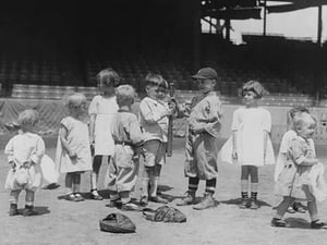 Toddlers on Baseball Field grasp a bat to select team members - Art Print