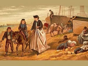 Children with Mother pass boatbuilders on the Beach by Kronheim & Dalziels - Art Print