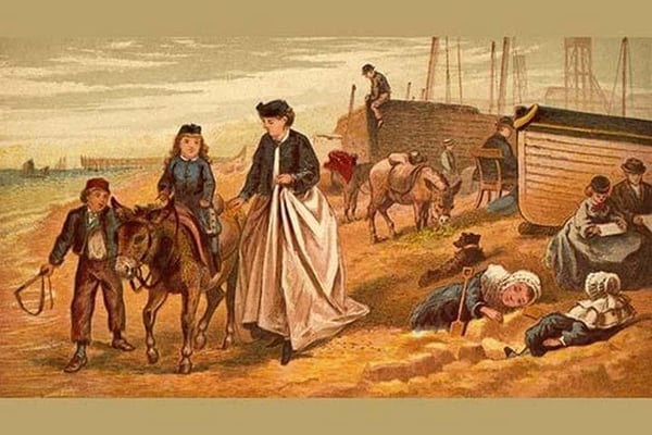 Children with Mother pass boatbuilders on the Beach by Kronheim & Dalziels - Art Print