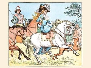 Young Girl Rides a White horse followed by a suitor by Randolph Caldecott - Art Print