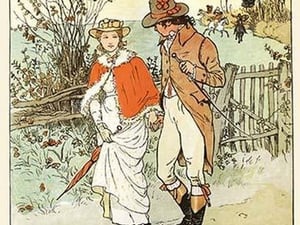 A Young Couple Promenade on a country way by Randolph Caldecott - Art Print