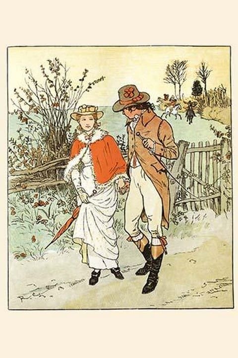A Young Couple Promenade on a country way by Randolph Caldecott - Art Print