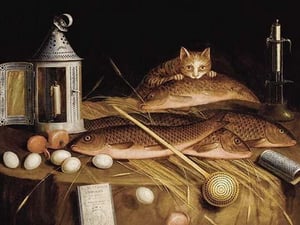 Kitchen Still Life with Fish and Cat by Sebastian Stoskopff - Art Print
