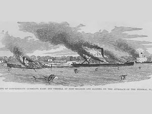 Burning Confederate Gunboats & Rams at New Orleans & Algiers by Frank Leslie - Art Print