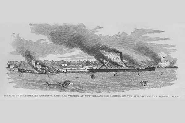 Burning Confederate Gunboats & Rams at New Orleans & Algiers by Frank Leslie - Art Print
