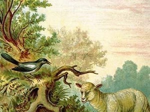 A Raven looks on as a Lamb scares a frog who jumps into the water by Anton Hochstein - Art Print