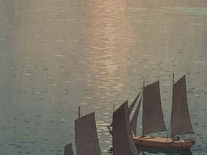 Dusk blankets a still lake over Sailboats - Art Print