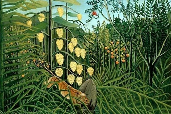 In a Tropical Forest; Tiger Attacks a Buffalo by Henri Rousseau - Art Print