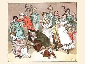 The Great Professor fell to his knees to play with the children at the wedding party by Randolph Caldecott - Art Print