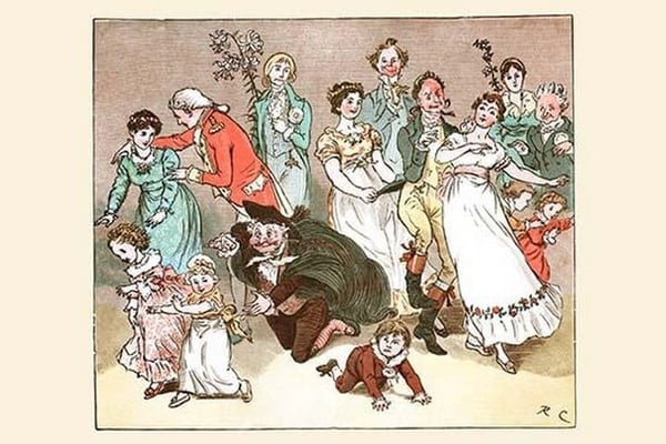 The Great Professor fell to his knees to play with the children at the wedding party by Randolph Caldecott - Art Print