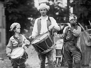 Three Boys March with Instruments on the 4th of July Celebration - Art Print
