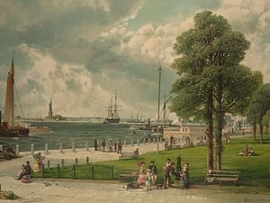 Castle Garden at the tip of Manhattan with the Stature of Liberty in the Distance - Art Print
